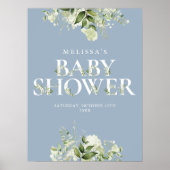Dusty Blue Greenery Floral Baby shower Sign Poster (Voorkant)