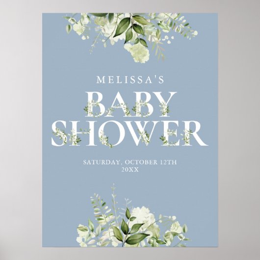 Dusty Blue Greenery Floral Baby shower Sign Poster (Voorkant)