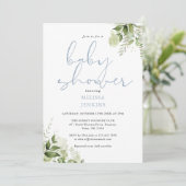 Dusty Blue Greenery Floral Boy Baby shower Kaart (Staand voorkant)