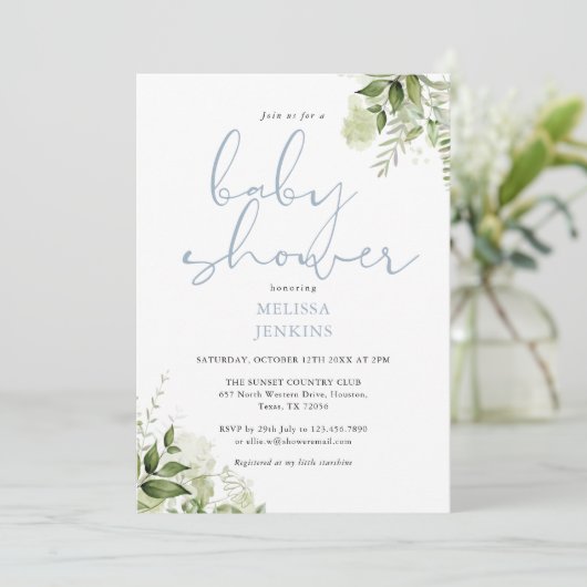 Dusty Blue Greenery Floral Boy Baby shower Kaart (Staand voorkant)