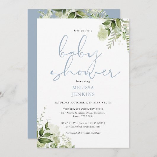 Dusty Blue Greenery Floral Boy Baby shower Kaart (Voorkant / Achterkant)