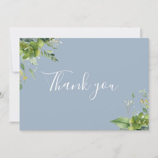 Dusty Blue Greenery Floral Elegant Script Bedankkaart (Voorkant)