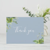 Dusty Blue Greenery Floral Elegant Script Bedankkaart (Staand voorkant)