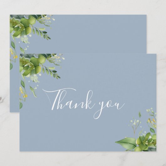 Dusty Blue Greenery Floral Elegant Script Bedankkaart (Voorkant / Achterkant)