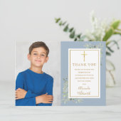 Dusty Blue Greenery Floral Fotobevestiging Bedankkaart (Staand voorkant)