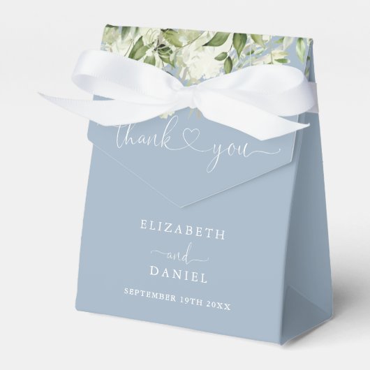 Dusty Blue Greenery Floral Heart Script Wedding Bedankdoosjes (Voorkant Zijde)