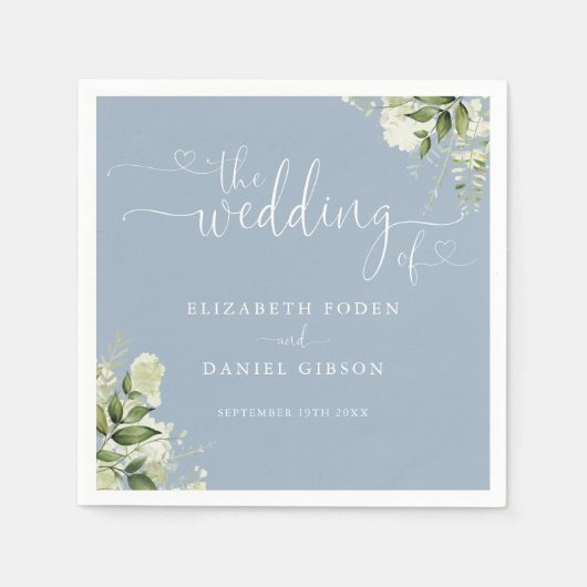 Dusty Blue Greenery Floral Heart Script Wedding Servet (Voorkant)