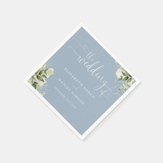 Dusty Blue Greenery Floral Heart Script Wedding Servet (Hoek)