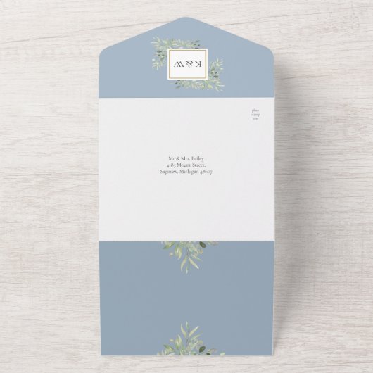 Dusty Blue Greenery Floral QR Code Wedding All In One Uitnodiging (Buitenkant)