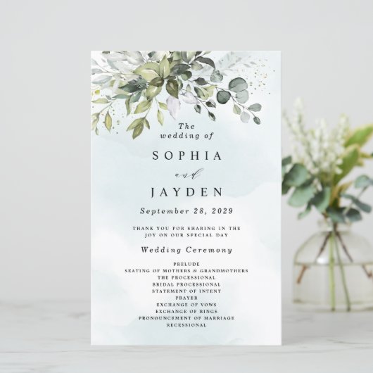 Dusty Blue Greenery Floral Rustic Wedding Programs (Staand voorkant)