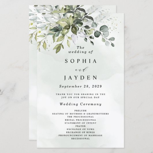 Dusty Blue Greenery Floral Rustic Wedding Programs (Voorkant / Achterkant)