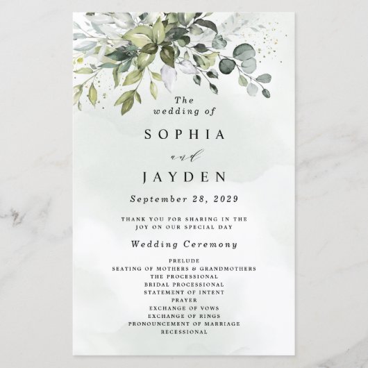 Dusty Blue Greenery Floral Rustic Wedding Programs (Voorkant)