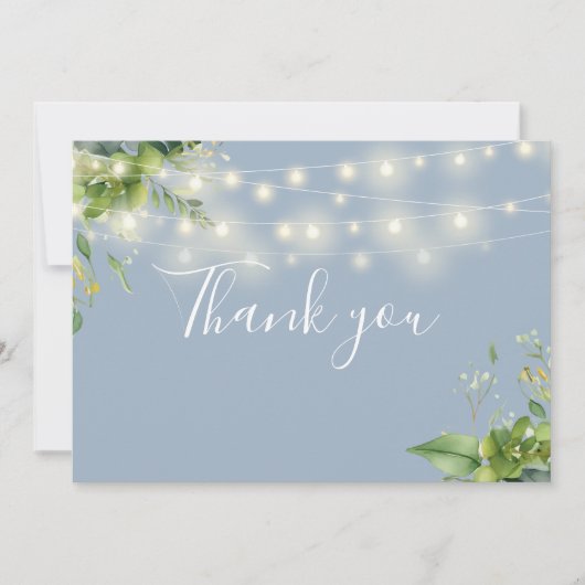 Dusty Blue Greenery Floral String Lights Bedankkaart (Voorkant)