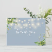 Dusty Blue Greenery Floral String Lights Bedankkaart (Staand voorkant)