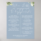 Dusty Blue Greenery Floral Wedding Itinerary Poster (Voorkant)