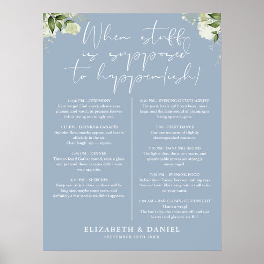 Dusty Blue Greenery Floral Wedding Itinerary Poster (Voorkant)