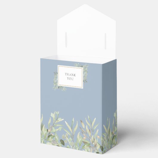 Dusty Blue Greenery Foliage Monogram Weddenschap Bedankdoosjes (Geopend)