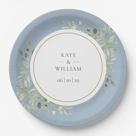Dusty Blue Greenery Foliage Wedding Papieren Bordje (Voorkant)