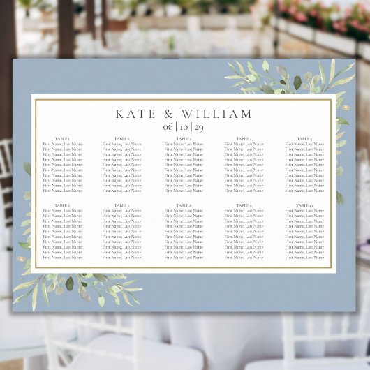 Dusty Blue Greenery Foliage Wedding Seding Chart Poster