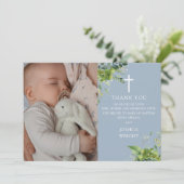 Dusty Blue Greenery foto doop doop doopsel Bedankkaart (Staand voorkant)