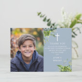 Dusty Blue Greenery Foto Eerste Heilige Communie Bedankkaart (Staand voorkant)