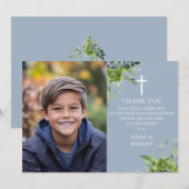 Dusty Blue Greenery Foto Eerste Heilige Communie Bedankkaart (Voorkant / Achterkant)