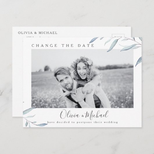 Dusty blue greenery foto verandert de datum briefkaart (Voorkant / Achterkant)