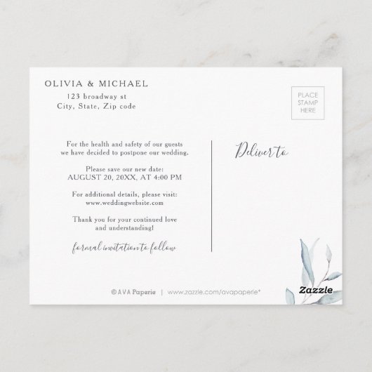 Dusty blue greenery foto verandert de datum briefkaart (Achterkant)