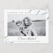 Dusty blue greenery foto verandert de datum briefkaart (Voorkant)