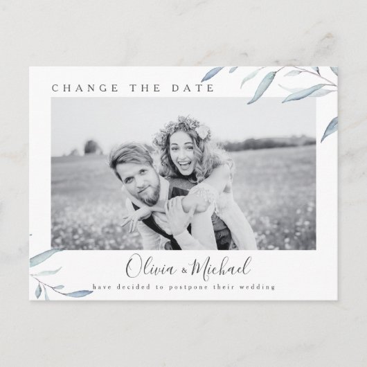 Dusty blue greenery foto verandert de datum briefkaart (Voorkant)