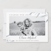 Dusty blue greenery foto verandert de datum kaart (Voorkant)