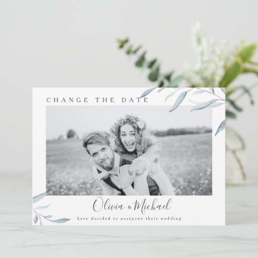 Dusty blue greenery foto verandert de datum kaart (Staand voorkant)