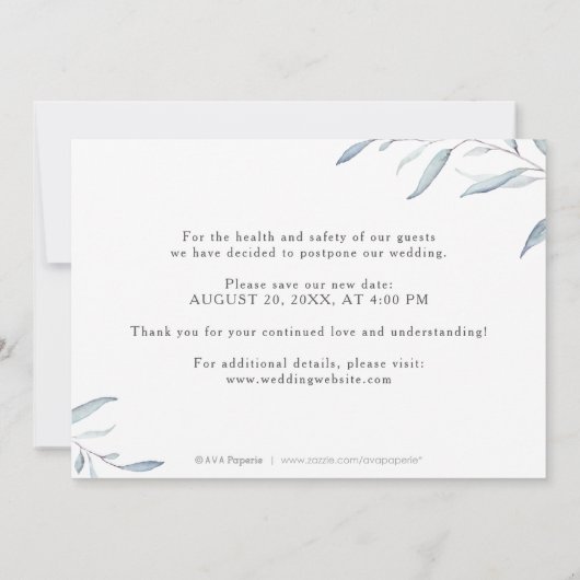 Dusty blue greenery foto verandert de datum kaart (Achterkant)