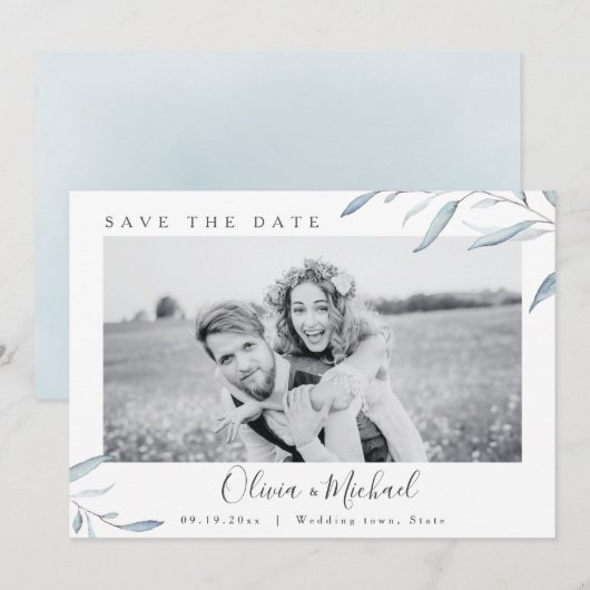 Dusty blue greenery foto's bruiloft, behalve de da kaart (Voorkant / Achterkant)