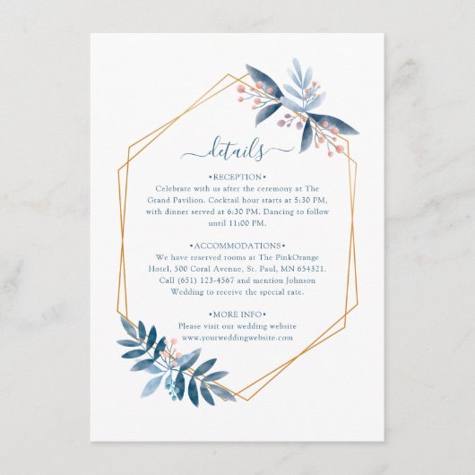 Dusty Blue Greenery Geometric Wedding Details Informatiekaartje (Voorkant)