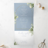 Dusty Blue Greenery Gold Arch Fotobruiloft Drieluik Uitnodiging (Binnen)