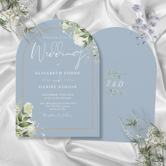 Dusty Blue Greenery Gold Arch Monogram Huwelijk Kaart