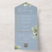 Dusty Blue Greenery Gold Arch QR Code Wedding All In One Uitnodiging (Binnen)
