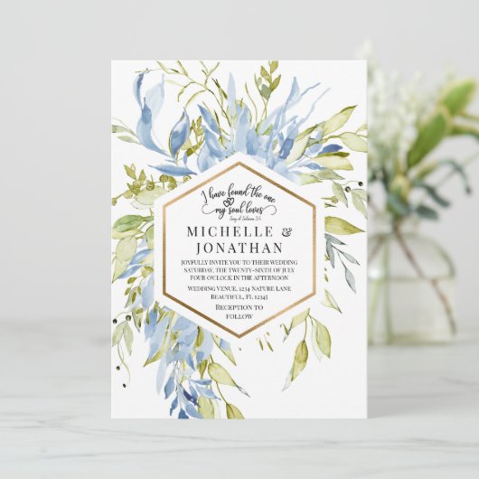 Dusty Blue Greenery Gold Lijst Christelijk huwelij Kaart (Staand voorkant)