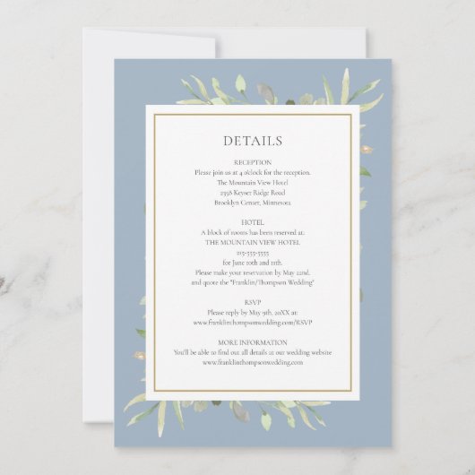Dusty Blue Greenery Gold Lijst in één keer Kaart (Achterkant)