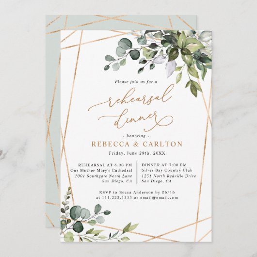 Dusty Blue Greenery Gold repesal Dinner Kaart (Voorkant / Achterkant)