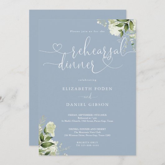 Dusty Blue Greenery Heart Script repetitie diner Kaart (Voorkant / Achterkant)