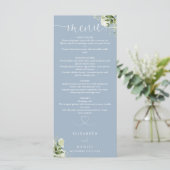 Dusty Blue Greenery Heart Script Trouwdiner Menu (Staand voorkant)