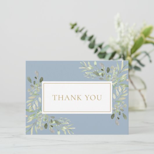 Dusty Blue Greenery Heilige Communie Bedankkaart (Staand voorkant)