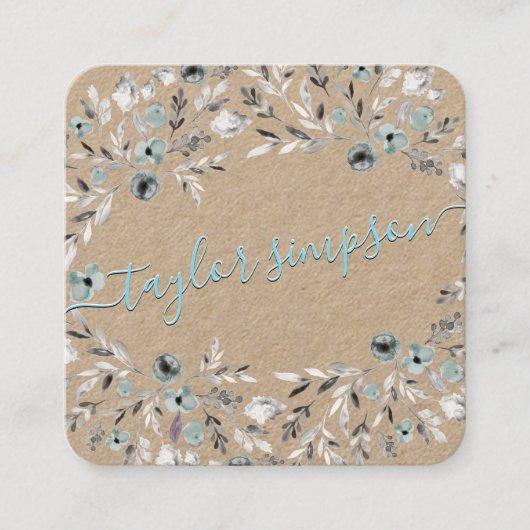 Dusty Blue Greenery Kraft Paper Neon Swash Script Vierkante Visitekaartje (Voorkant)