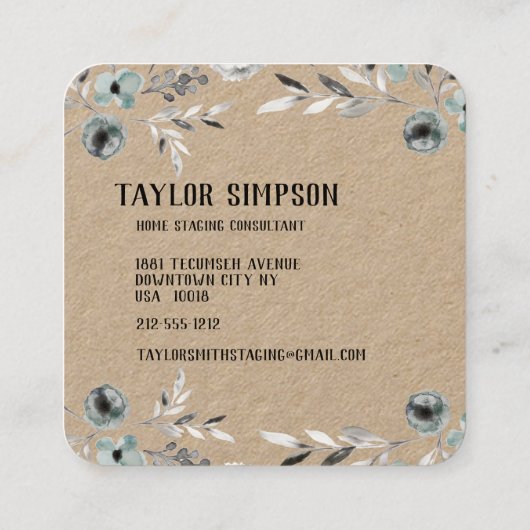 Dusty Blue Greenery Kraft Paper Neon Swash Script Vierkante Visitekaartje (Achterkant)