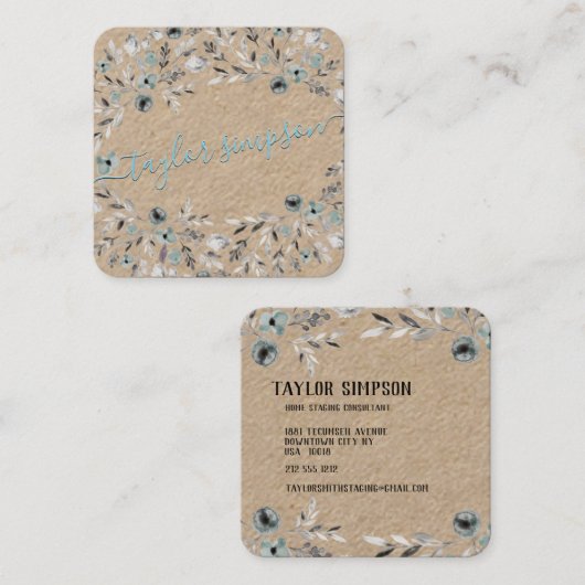 Dusty Blue Greenery Kraft Paper Neon Swash Script Vierkante Visitekaartje (Voorkant / Achterkant)