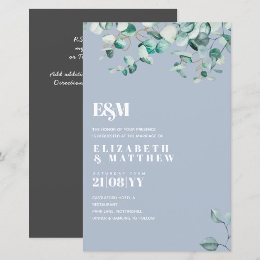Dusty Blue Greenery Leafy Budget Wedding Invite (Voorkant / Achterkant)