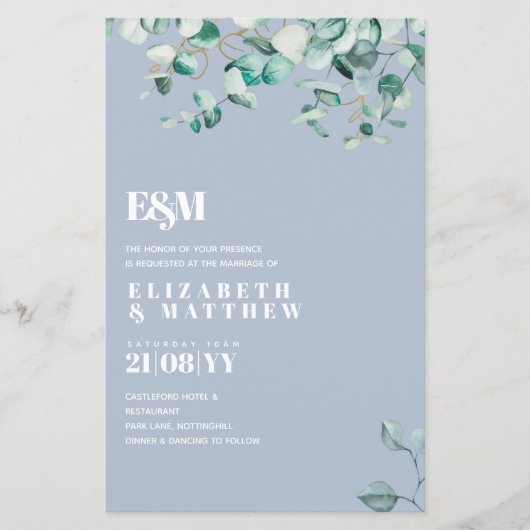 Dusty Blue Greenery Leafy Budget Wedding Invite (Voorkant)