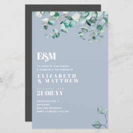 Dusty Blue Greenery Leafy Budget Wedding Invite